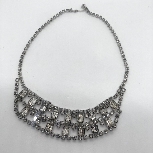 Vtg Rhinestone Double Row Silver Tone Metal Bib Necklace w Hook Clasp / 11” - Picture 2 of 10
